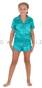 06-15C665-Girls Teal Short Satin Pyjama Set by Slumber Party 5 Pieces