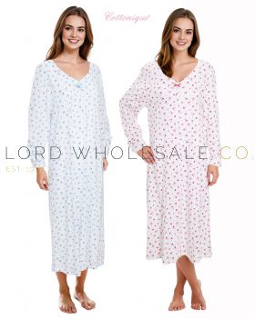 Ladies 100% Jersey Cotton Long Sleeve Floral Nightdress With Picot Detail by Cottonique 10 Pieces