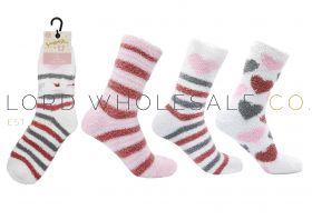 Ladies 3pk Heart & Stripes Cosy Socks by Snuggle Toes 4 x 3 Pair Pack