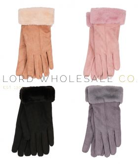 Ladies Sherpa Lined Suede Gloves With Fur Cuffs by Foxbury 12 Pieces