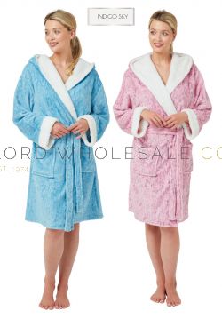 03-IN33586-Wholesale Ladies Cosy Sherpa & Marl Print Hooded Gown by Indigo Sky 1 Piece