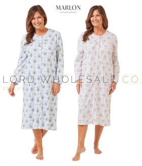 05-MA42619-Wholesale Ladies 100% Cotton Champagne Floral Long Sleeve 45" Button Through Nightdress by Marlon