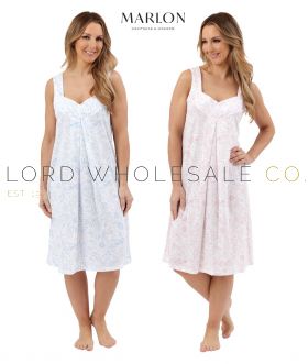 02-MA44269-Wholesale Ladies Jersey Polycotton Sleeveless Wide Strap 40" Linear Floral White Ground Nightdress by Marlon