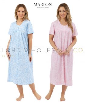 Ladies 100% Jersey Cotton Linear Pastel Floral Button Through Nightdress by Marlon