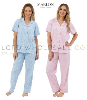 Ladies 100% Jersey Cotton Linear Pastel Floral Revere Collar Pyjamas by Marlon