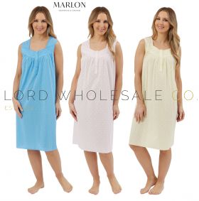 Ladies 100% Cotton 40" Dobby Spot Sleeveless Wide Strap Woven Nightdress by Marlon