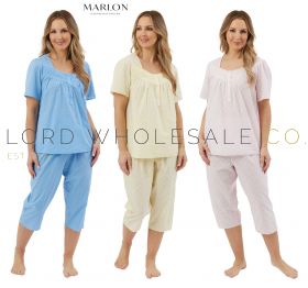 Ladies 100% Cotton Dobby Spot Short Sleeve 3/4 Woven Pyjamas by Marlon