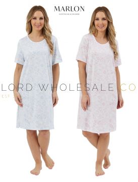 04-MA44321-Wholesale Ladies Polycotton 45" Linear Floral White Ground Short Sleeve Tee Nightshirt by Marlon