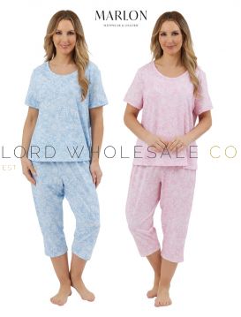 04-MA44327-Wholesale Ladies 100% Jersey Cotton Linear Pastel Floral Short Sleeve 3/4 Pyjamas by Marlon