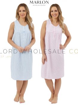 Ladies 100% Cotton 40" Seersucker Striped Sleeveless Wide Strap Woven Nightdress by Marlon