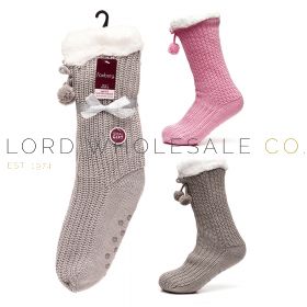 12-SK1136-Ladies Sherpa Lining Lounge Socks With Lurex Pom Poms by Foxbury  6 Pairs