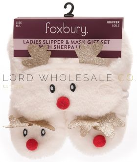 Ladies Xmas Faux Fur Slippers With 3D Mask Gift Set by Foxbury 6 Pieces