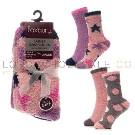 Ladies 2pk Spot & Star Cosy Socks With Grippers by Foxbury 12 x 2 Pair Pack