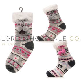 Ladies 1pk Fairisle Lounge Socks With Pom Poms & Grippers by Foxbury 6 Pieces