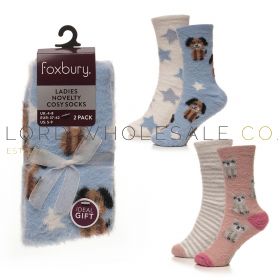 Ladies 2pk Cat/Dog Novelty Brushed Chenille Socks With Grippers by Foxbury 6 x 2 Pair Pack