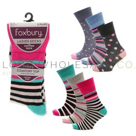 Ladies 3pk Stripey Spot Design Non-Elastic Cotton Rich Socks by Foxbury 4 x 3 Pair Pack