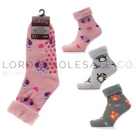 Ladies Animal Design Brushed Bed Socks With Grippers by Foxbury 12 Pieces