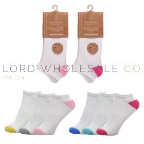 Ladies Bamboo 3pk Coloured Heel & Toe White Trainer Socks by Bamboo Threads 4 x 3 Pair Pack