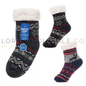 Boys Sherpa Lining Reindeer/Fairisle Lounge Socks With Grippers by Bertie & Bo 6 Pieces