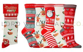 Ladies Cotton Rich Christmas Design Novelty Socks by Festive Feet 4 x 3 Pair Pack