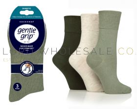 12-SOLRD43G3-DIABETIC Ladies Khaki/Forest Green/Cream Gentle Grip Socks by Sock Shop