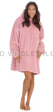 03-34B2021-Ladies Pink Cableknit Sherpa Oversized Hoodie by Huggable Hoodie