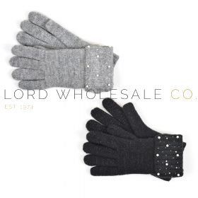 Ladies Knitted Gloves With Turn Up Pearl Embellishment by Foxbury 12 Pieces