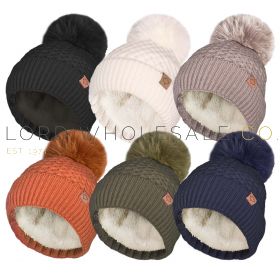 Ladies Tuck Knit Hat With Fur Pom Pom & R80 Thermal Insulation by Rock Jock 12 Pieces