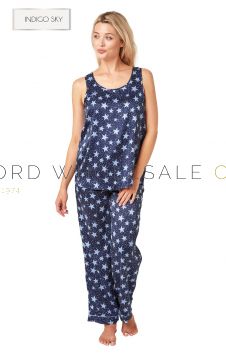 02-IN37631-Ladies Built Up Shoulder Satin Star Print Pyjamas by Indigo Sky
