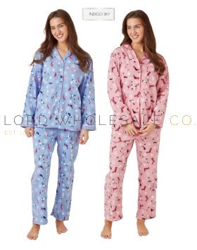 03-IN42409-Ladies 100% Cotton Snowflakes & Sock Print Wincey Pyjamas by Indigo Sky