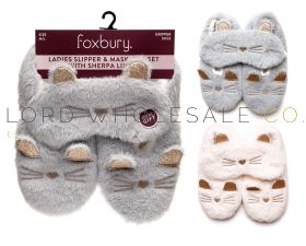 Ladies Cat Faux Fur Slippers With 3D Mask Gift Set by Foxbury 12 Pieces