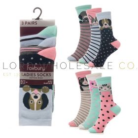 Ladies 3pk Animal Cat & Dog Design Socks by Foxbury 4 x 3 Pair Pack