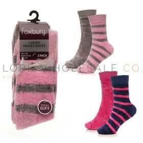 Ladies 2pk Stripe Chenille Velvet Socks by Foxbury 6 x 2 Pair Pack