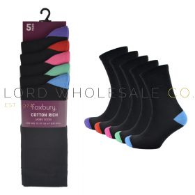 Ladies Coloured Contrast Heel & Toe Socks by Foxbury 5 Pair Pack 30 Pairs