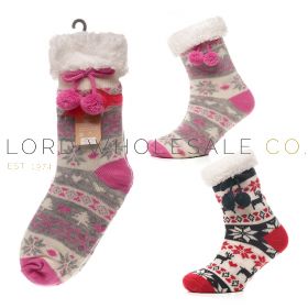 Ladies Christmas Lounge Socks With Sherpa Lining & Pom Poms 6 Pieces