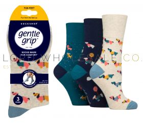 06-SOLRF108G3-Ladies Fun Feet Dog Person Gentle Grip Socks by Sock Shop 4 x 3 Pair Pack 