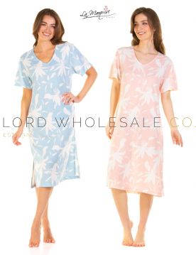 03-25260-Ladies Floral Deluxe Jersey V Neck Short Sleeve Nightdress by La Marquise 8 Pieces