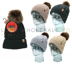 Ladies Assorted Cable Knit Bobble Hats by Heat Machine 12 Pieces