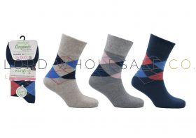 Ladies Argyle 3 Pair Pack Wellness Organic Cotton Socks Verona by Eazy Grip