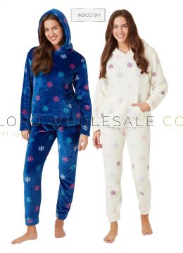 03-IN42635-Wholesale CLEARANCE Ladies Snowflake Hooded Cosy Fleece Jogger Pyjama Set by Indigo Sky 1 Piece