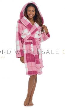 Ladies Fluffy Sherpa Pink Checked Hooded Gown by Foxbury 6 Pieces