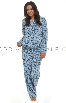 Ladies Soft Touch Polar Fleece Blue Floral Long Sleeve Pyjamas by Wolf & Harte 6 Pieces