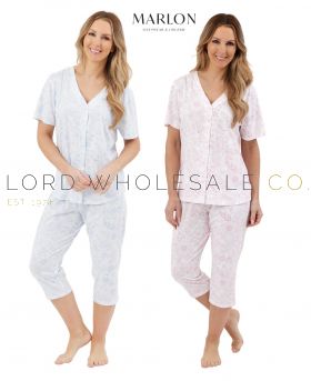 02-MA44293-Wholesale Ladies Jersey Polycotton Linear Floral White Ground 3/4 Pyjamas by Marlon