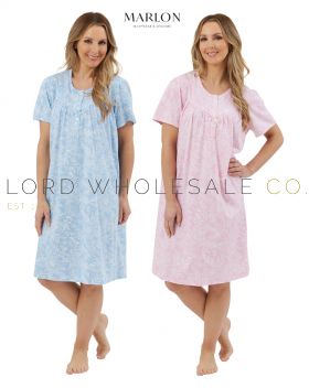 02-MA44302-Wholesale Ladies 100% Cotton Linear Pastel Floral 40" Short Sleeve Nightdress by Marlon 