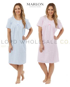 05-MA44314-Wholesale Ladies 100% Cotton 40" Seersucker Striped Short Sleeve Woven Nightdress by Marlon