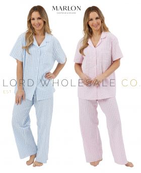 05-MA44318-Wholesale Ladies 100% Cotton Seersucker Striped Short Sleeve Woven Pyjamas by Marlon