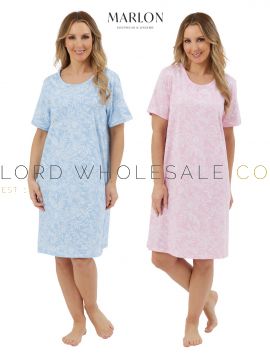 04-MA44319-Wholesale Ladies 100% Jersey Cotton Linear Pastel Floral Short Sleeve Tee Nightshirt by Marlon