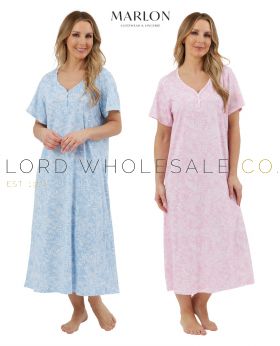 04-MA44324-Wholesale Ladies 100% Jersey Cotton Linear Pastel Floral Short Sleeve V Neck Nightdress by Marlon