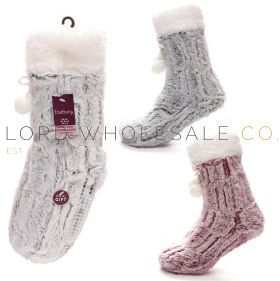 Ladies Furry Lounge Socks with Sherpa Lining & Pom Pom by Foxbury 6 Pieces