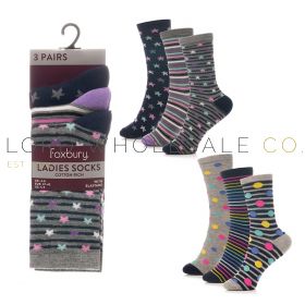 Ladies 3pk Star/Stripe/Spot Design Socks by Foxbury  4 x 3 Pair Pack